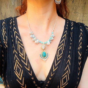 Chrysocolla necklace, tribal pendant, macrame jewelry, pink quartz charm, boho statement, sacred amulet, goddess talisman