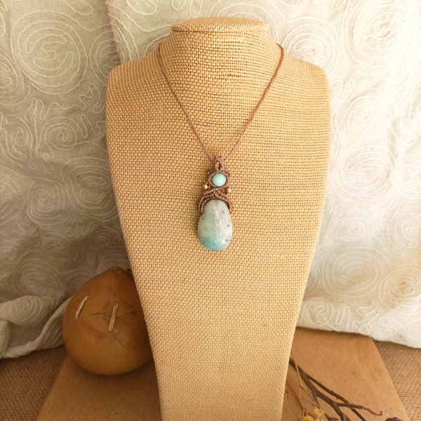 Tribal macrame necklace, genuine amazonite, healing stone, chakra heart pendant, everyday boho necklace, gemstone macrame pendant