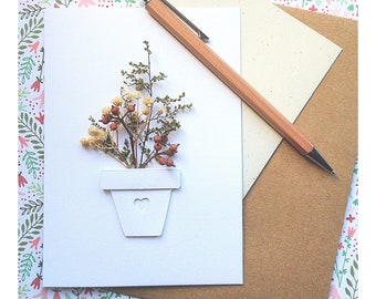 Card "Pot of dried flowers"/cut and glued papers/dried flowers/birthday card/hand made