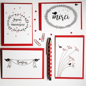 Set de " 4 Cartes aux oiseaux " / Cartes imprimées/ Cartes à messages/ Carte Merci/ Carte Bonjour/ Carte "Joyeux Anniversaire"