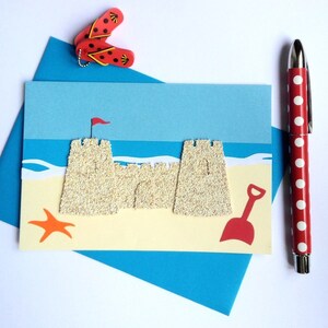 "Le château de sable" card/cut and glued paper/holiday card/summer card/beach card/handmade