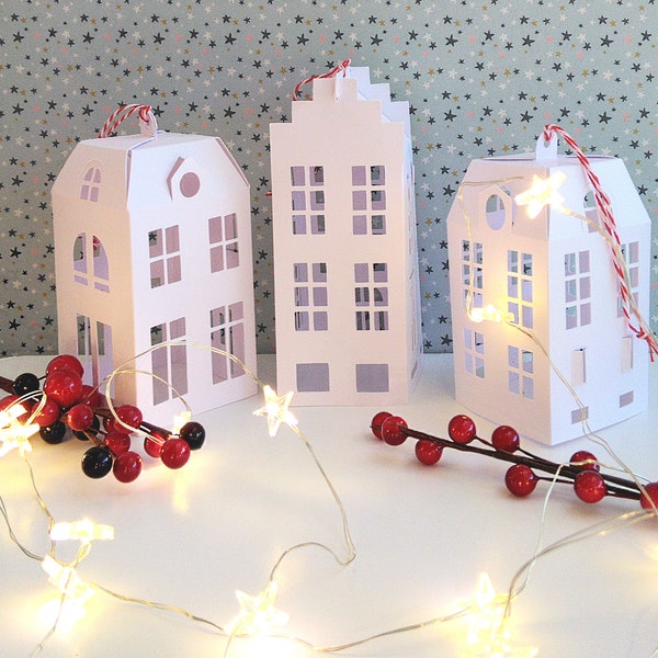 Le Set de 3 décorations de Noël "Maisons"en papier découpé/déco intérieure/maison papier/hygge/déco de sapin /déco de noël/papier découpé