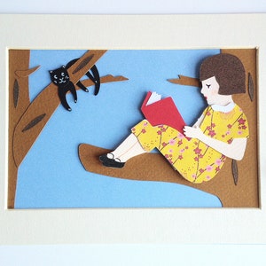 Illustrazione "La ragazza con il libro"/fatto a mano/illustrazione in carta ritagliata/carta ritagliata/carte ritagliate e incollate/fatto a mano