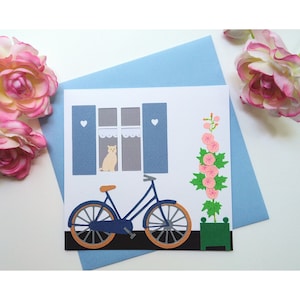 Carte " La bicyclette bleue  "/ chat / carte  papiers découpés et collés / île de Ré /  fait main