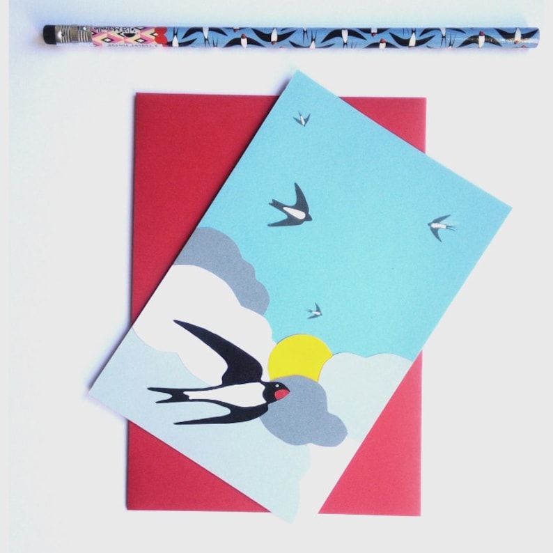 Spring Swallow card paper cut and pasted handmade spring card swallow card