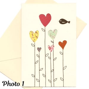 Carte " Cœurs et oiseau " / papiers découpés et collés / saint valentin/réalisée à la main