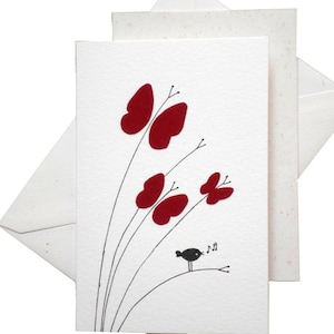 Carte " trois papillons en feutrine rouge " /  oiseau / papiers découpés / réalisée à la main