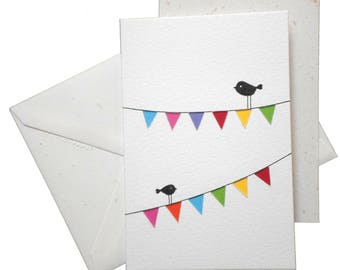 Carte " Fanions multicolores / oiseaux / papiers découpés et collés / réalisée à la main