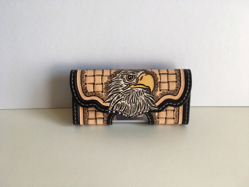 Horizontal case for smartphone belt style iphone leather embossed with an Eagle head