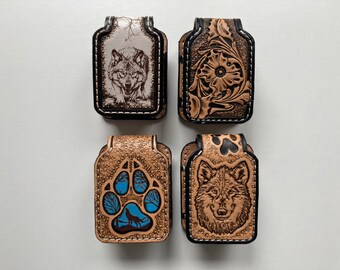 Case, petrol storm lighter holder in embossed leather and embossing