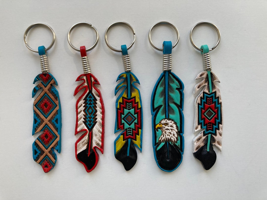 Feather-shaped Talisman Key Ring 12cm in Embossed Leather Various ...