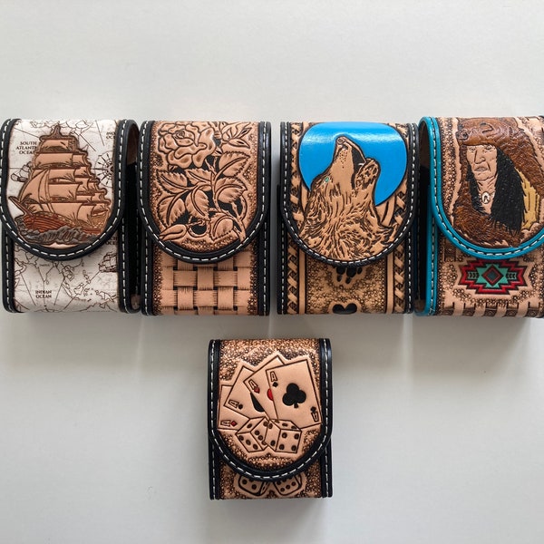 Etui en cuir repoussé pour paquet de cigarettes avec divers motifs