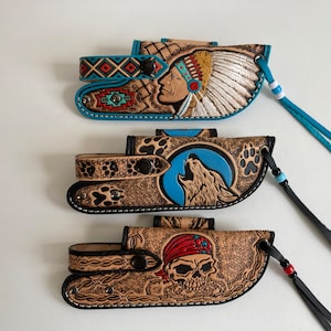 Etui de ceinture en cuir repoussé horizontal pour couteau pliant, divers motifs