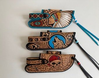 Horizontal embossed leather belt sheath for folding knife, various designs