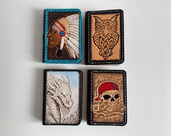 Case, credit card holder in embossed leather and hot engraving, various patterns
