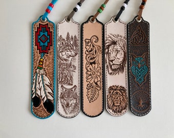 Bookmark in embossed leather and hot engraving, various patterns