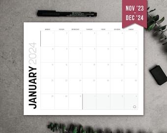 2024 Calendar PRINTABLE - Bold & Minimalist // Monthly Planner // Multiple Sizes: A4 + Letter