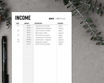 Minimalist Income Tracker PRINTABLE // Monthly Budget & Earnings // Finance Planning // Multiple Sizes: Letter/A4/Half-Letter/A5/Journal