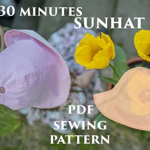 May include: A pink and white gingham sunhat with a brim and a PDF sewing pattern for a similar sunhat. The text "30 MINUTES SUNHAT" is written in white on a green background. The text "PDF SEWING PATTERN" is written in white on a black background.