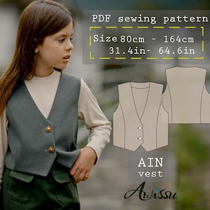 Può includere: Modello di cucito PDF per un gilet, chiamato "AIN vest", con opzioni di taglia da 80 cm a 164 cm. Il modello include una vista frontale e posteriore del gilet.