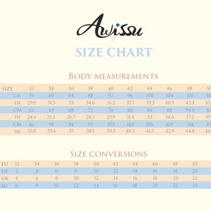 May include: Size chart for clothing with measurements in inches and centimeters. The chart includes bust, waist, and hip measurements for European sizes 32 to 52. It also includes size conversions for US, UK, and Australian sizes.