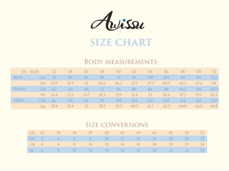 May include: Size chart for clothing with measurements in inches and centimeters. The chart includes bust, waist, and hip measurements for European sizes 32 to 52. It also includes size conversions for US, UK, and Australian sizes.