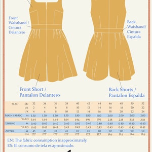 May include: A sewing pattern for a sleeveless dress with a short skirt. The pattern includes instructions for both the front and back of the garment. The pattern is available in sizes 32 to 52. The fabric consumption is approximately 1.50 to 2.00 yards.