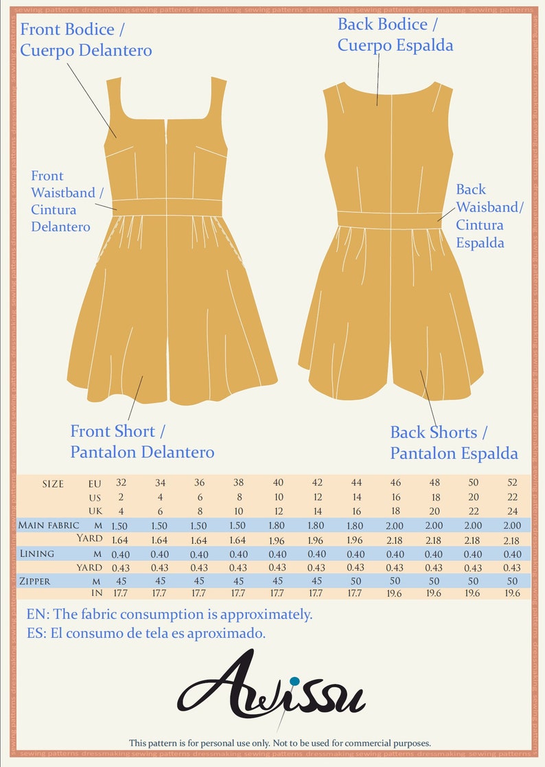 May include: A sewing pattern for a sleeveless dress with a short skirt. The pattern includes instructions for both the front and back of the garment. The pattern is available in sizes 32 to 52. The fabric consumption is approximately 1.50 to 2.00 yards.