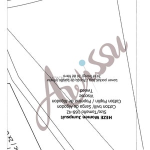 May include: A black and white sewing pattern for a women's jumpsuit. The pattern includes instructions for a lower pocket bag, lining, and fabric choices. The pattern is labeled "HEZE Women Jumpsuit" and includes sizes 168-42.