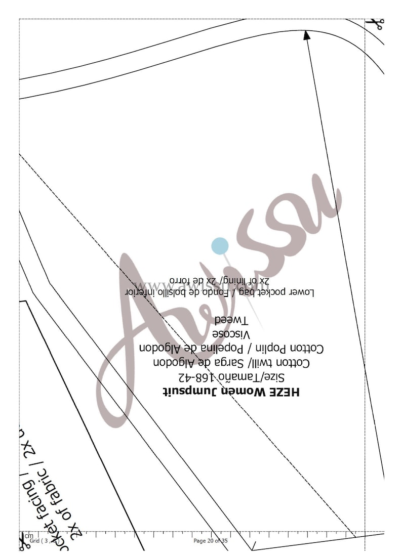 May include: A black and white sewing pattern for a women's jumpsuit. The pattern includes instructions for a lower pocket bag, lining, and fabric choices. The pattern is labeled "HEZE Women Jumpsuit" and includes sizes 168-42.