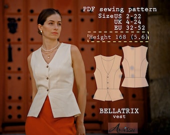 DIY Tailored Vest Pattern PDF, Create Your Own Fitted Waistcoat, Elegant Peplum Vest for Women, Sewing Project,  EU 32-52