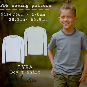 May include: PDF sewing pattern for a boy's t-shirt called LYRA. The pattern includes sizes from 28.3 inches to 66.9 inches. A young boy is wearing a gray t-shirt, standing in front of a green background.
