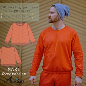 May include: An orange sweatshirt and matching pants are shown in this image. The image also includes a drawing of the sweatshirt, with the text "PDF sewing pattern" and "MARU Sweatshirt". The pattern is for sizes EU 38-52 and height 175 (5.74).