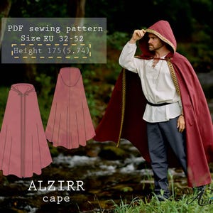 May include: A burgundy cape with a hood, trimmed with gold braid, is worn by a person. The cape is part of a PDF sewing pattern, with sizes EU 32-52 and a height of 5.74 feet. The word "ALZIRR" and "cape" are printed at the bottom.
