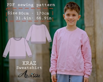 Kinder Sweatshirt Schnittmuster PDF, Kleinkind bis Teenager Pullover, Kinderkleidung 12 m-15y, Instant Download PDF Schnittmuster, DIY Pullover