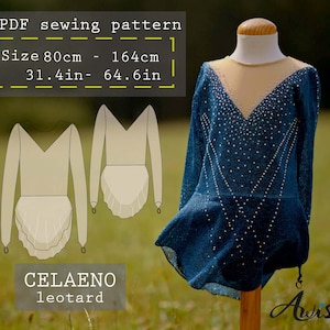 May include: A blue leotard with a V-neck design and small white embellishments, displayed on a mannequin. The image includes a PDF sewing pattern with sizes ranging from 31.4 inches to 64.6 inches. The text "CELAENO leotard" is also visible.
