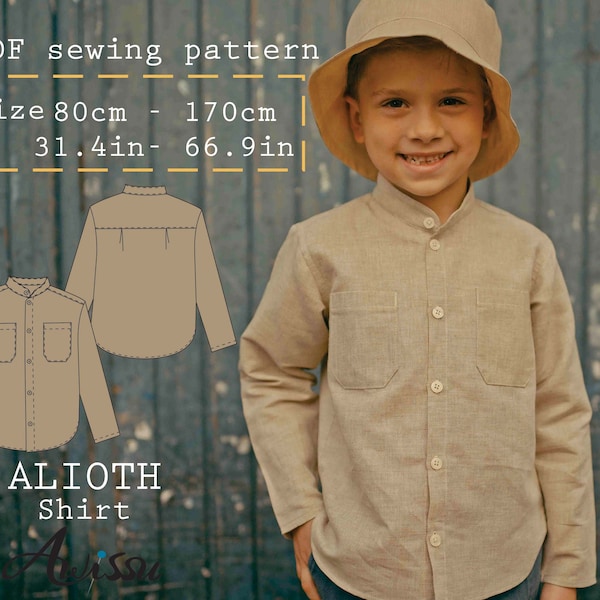 Patrón de camisa DIY para niño/Patrón de camisa fácil de coser con cuello alto/Patrón de camisa simple para niños de 1 a 15 años/Perfecto para cualquier ocasión