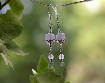 Boucles d'oreille quartz rose et pierre de lune grise (adulaire) • Caresse de l'aube