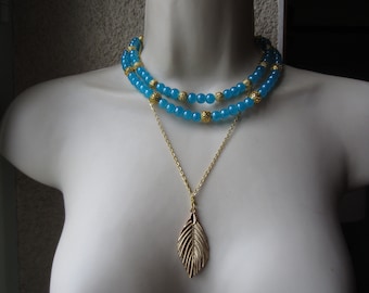 Collier multi rangs bleu et or