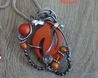 Collier orange , sautoir 60 cm  chaine blanc, cristal swarovski orange, fil alu gris foncé UNIQUE