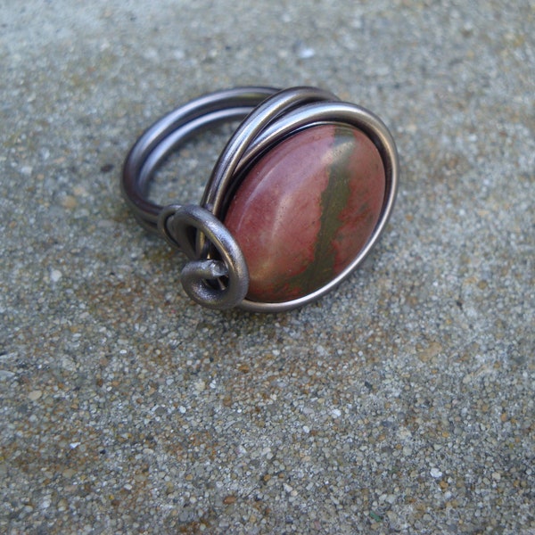 Bague pierre de picasso naturelle, marron et gris, ovale, ajustable, fait main