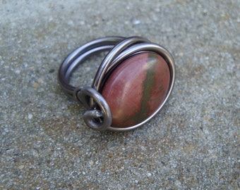 Bague pierre de picasso naturelle, marron et gris, ovale, ajustable, fait main