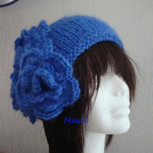 Headband Bandeau tricot, bleu roi  fait main au  tricot , fleur crochetée , laine  mohair et lurex,