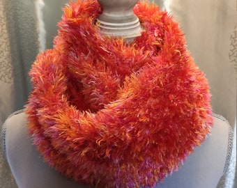 Snood scarf fur effect, red, coral, handmade, soft and warm