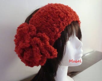 Headband Bandeau rouge tomette en tricot fait main, fleur crochet, bonnet doux et chaud