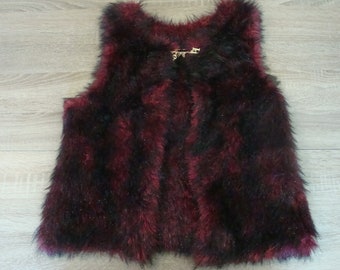 Gilet sans manche, 40, bordeau et noir, tricoté laine fourrure , doux et chaud, fait main