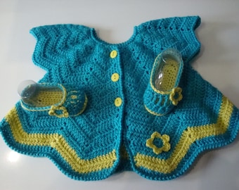 Baby poncho and ballerina slippers, turquoise and lemon yellow set, crochet, spring