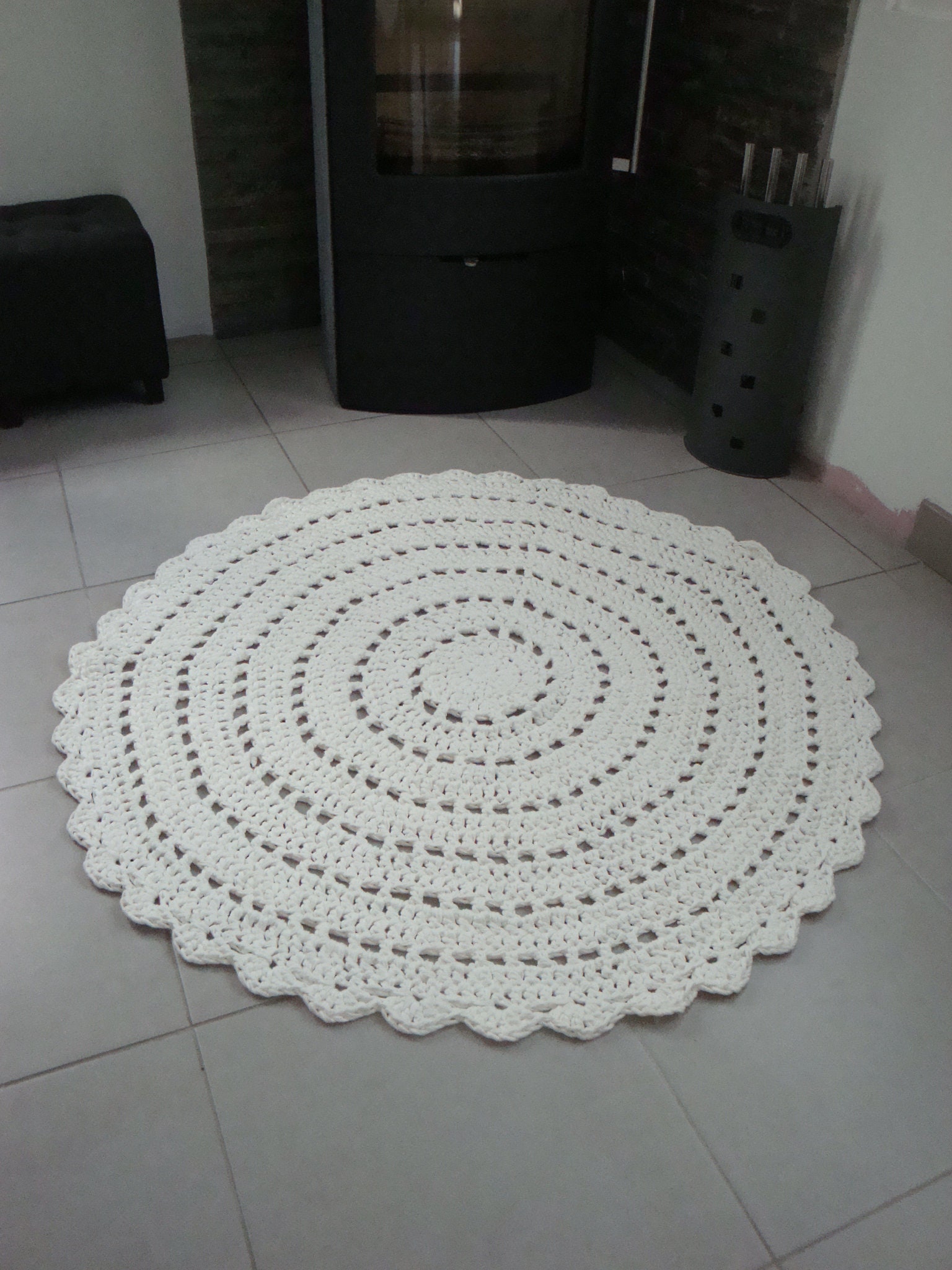 Tapis Rond 120 cm , Blanc Cassé, Hoooked Zpagetti, Rag Rug, Doux et Épais Fait Main