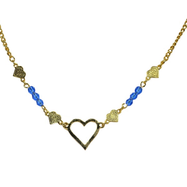 Vintage Retro 70s Gold Plated Blue Love Heart Engraved Dotted Pattern Triple Faceted Sphere Ball Bead Layer Mini Bib Small Pendant Necklace