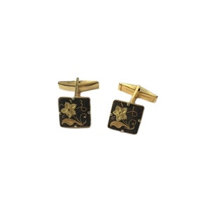 Vintage Retro 70s Gold Black Toledo Spanish Damascene Square Floral Flower Design Leaf Engraved Detailed Menswear Medium Cuff Links